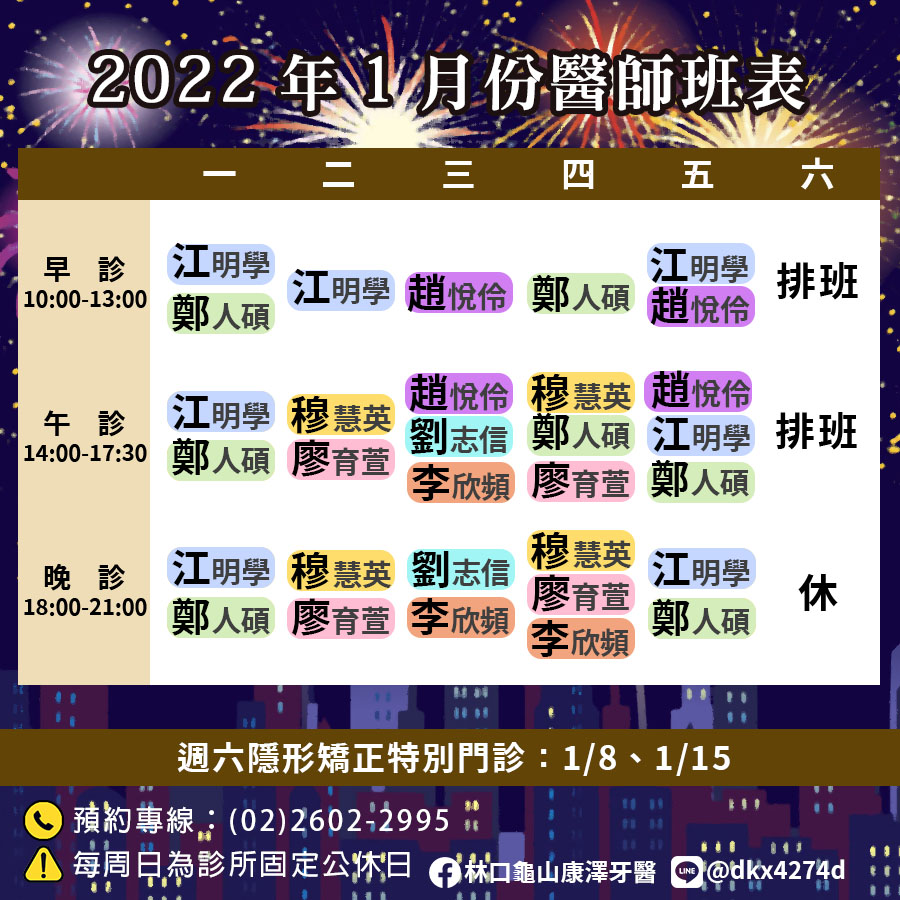 2022.1月份門診時間表